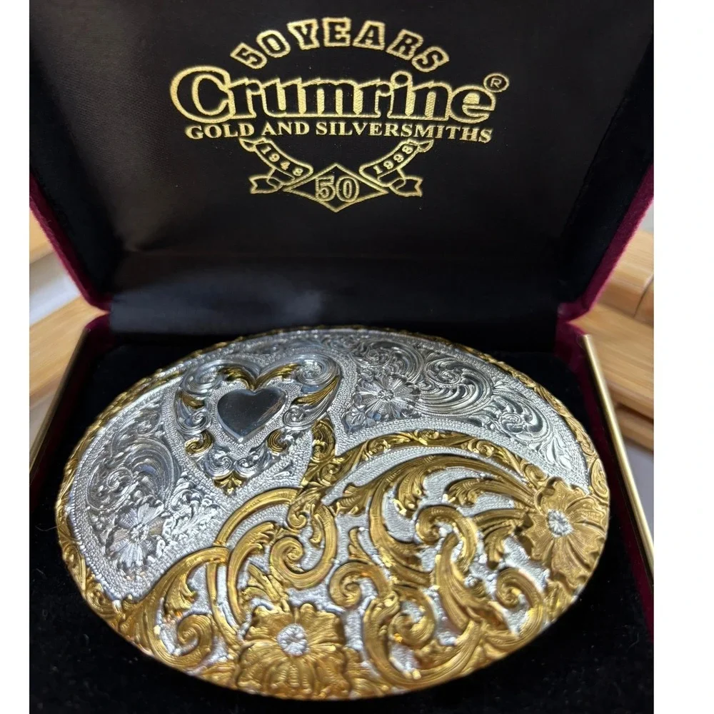 Crumrine Gold & Silversmiths Two Tone Heart Scroll Western Belt Buckle USA Made